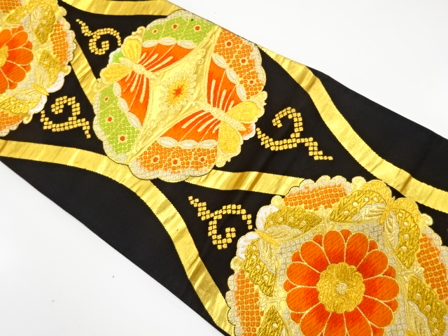 JAPANESE KIMONO / ANTIQUE FUKURO OBI / SILK / WOVEN FLORAL CREST & BUTTERFLY